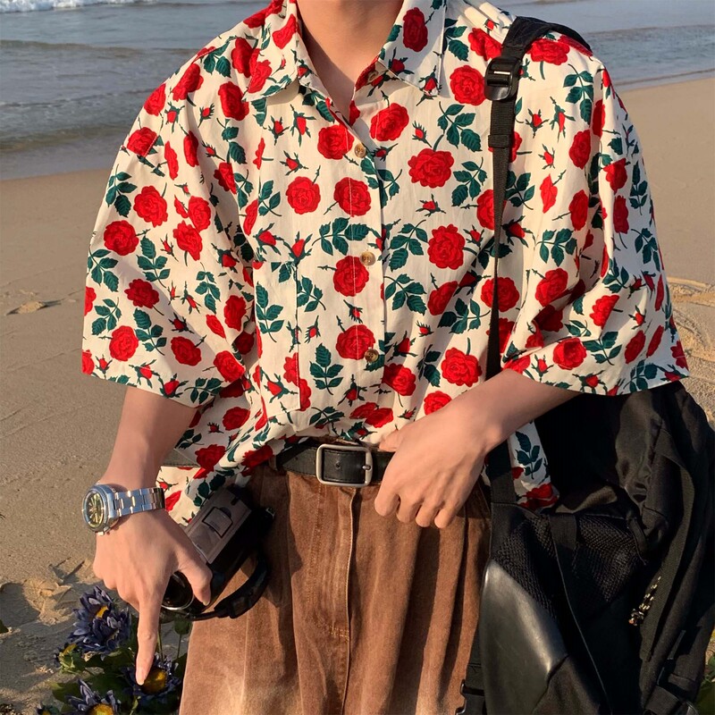 Hong Kong Style Retro Rose Print Short-Sleeved Shirt for Men, Hawaiian Beach Couple Casual Loose Half-Sleeved Floral Shirt