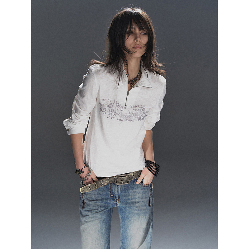 Stand Collar Metal Half-Zip Printed Lightweight Punk White Long-Sleeve T-Shirt for Men, Autumn Loose Casual Versatile Top Stand Collar Metal Half-Zip Printed Lightweight Punk White Long-Sleeve T-Shirt for Men, Autumn Loose Casual Versatile Top