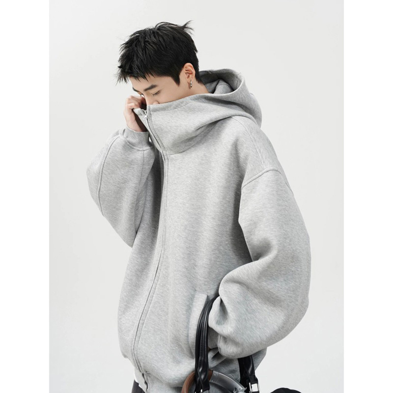 American-Style Heavyweight Air Cotton Sweatshirt Jacket for Men and Women, Autumn Gray Trendy Brand, High-End Versatile Casual Hooded Zip-Up Jacket