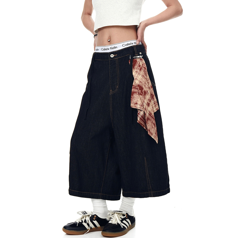 American Street Style Detachable Color-Blocked Square Scarf Denim Capri Pants for Men and Women, Summer Trendy Brand, Cool and Loose Casual Shorts