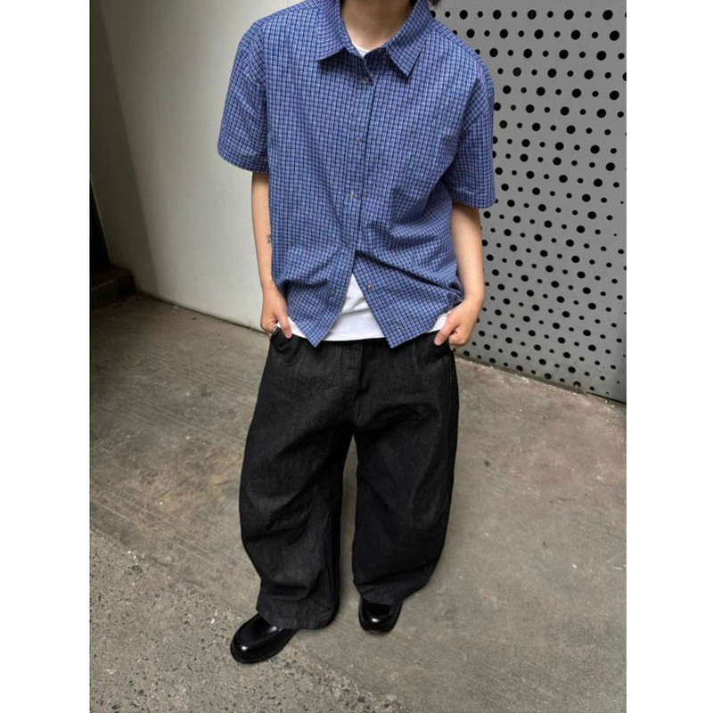 American Retro Royal Blue Plaid Short-Sleeved Shirt for Men and Women, Summer Trendy Brand, Versatile Drawstring Design, Couple's Shirt