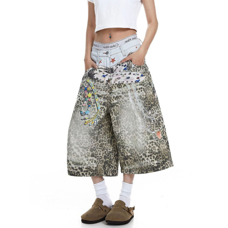 American-Style 3D Printed Belt Leopard Print Denim Capri Pants for Men and Women, Summer Trendy Brand Design, Distressed Wide-Leg Casual Shorts