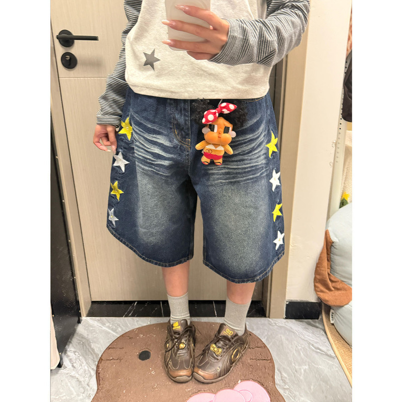 American Retro Star Embroidery Denim Capri Pants for Men and Women, Summer Trendy Brand, Loose and Versatile Casual Wide-Leg Shorts