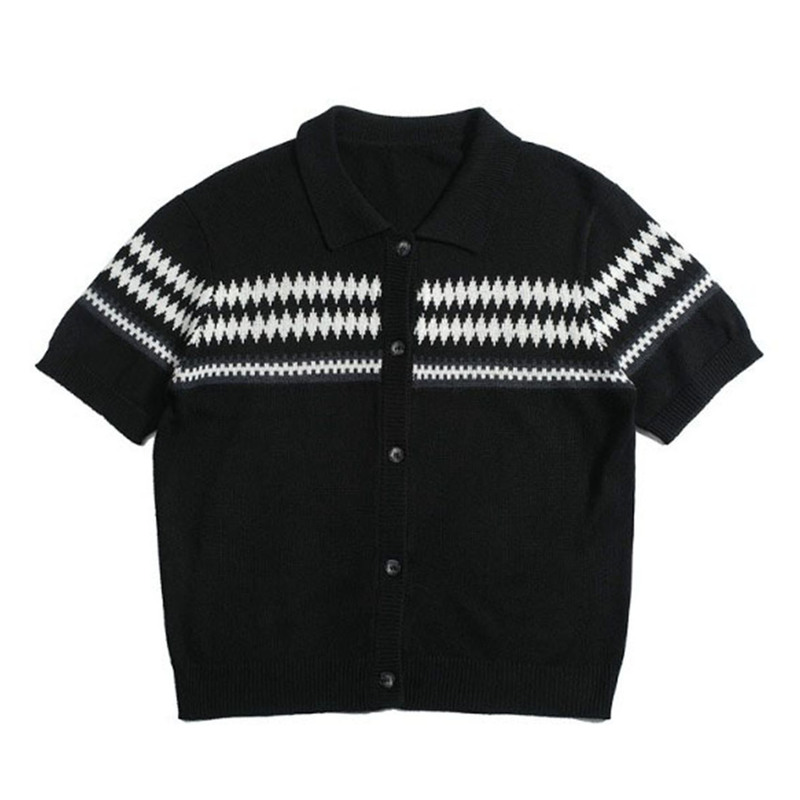 American Retro Old Money Style Jacquard Lapel Short-Sleeved T-Shirt for Men and Women, Summer Cool and Stylish Fair Isle Knit Cardigan Top