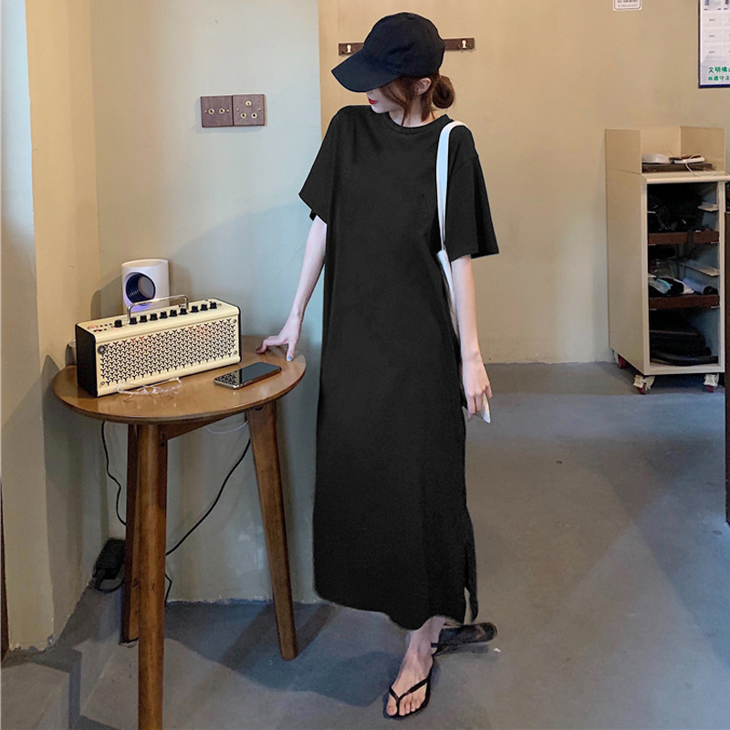 Designed with Slits, Plus-Size Women's Long Dress for Chubby Women 100kg Korean Style ins Straight-Cut Casual Dress for Pear-Shaped Body