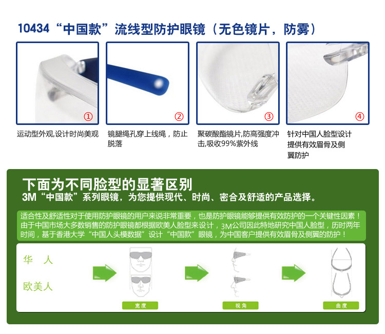 3M 10434 中国款 流线型防护眼镜（大包装）