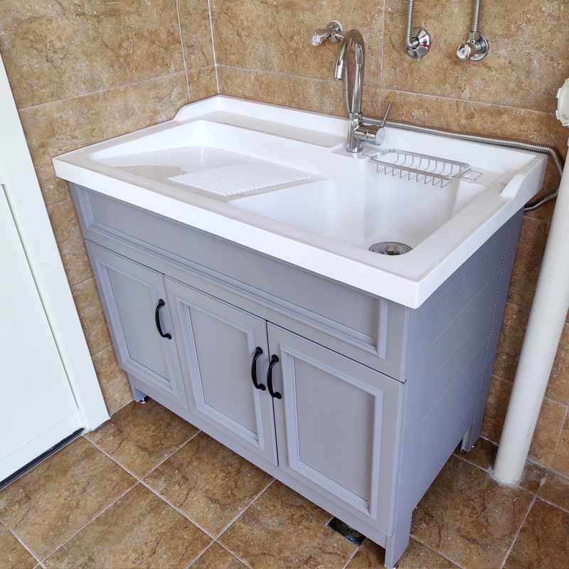 Balcony Laundry Cabinet Combined Laundry Pool Custom Small Family Type Space Aluminum Quartz Stone Countertops With Washboard Bath Cabinet Basin