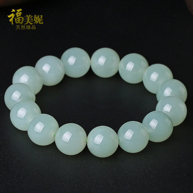 Fumeini Genuine Burmese Ice Jade Bracelet, Natural Light Green Jadeite Bracelet, Unisex Bead Chain A-Grade