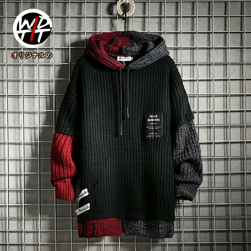 Wdtti Winter Japanese Vintage Loose Thick Line Hooded Sweater Men Handsome Color Block Teen Knit Sweatshirt Sweatshirt