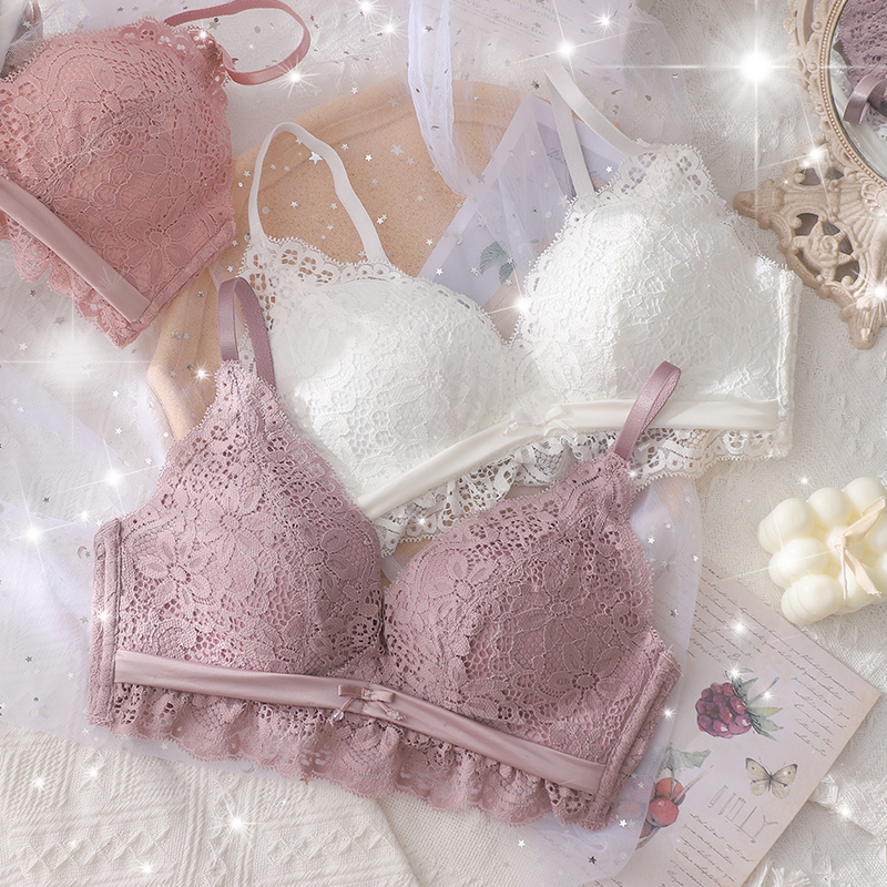 White summer thin underwear women without rims small chest flat chest gathered sexy lace temptation special bra set