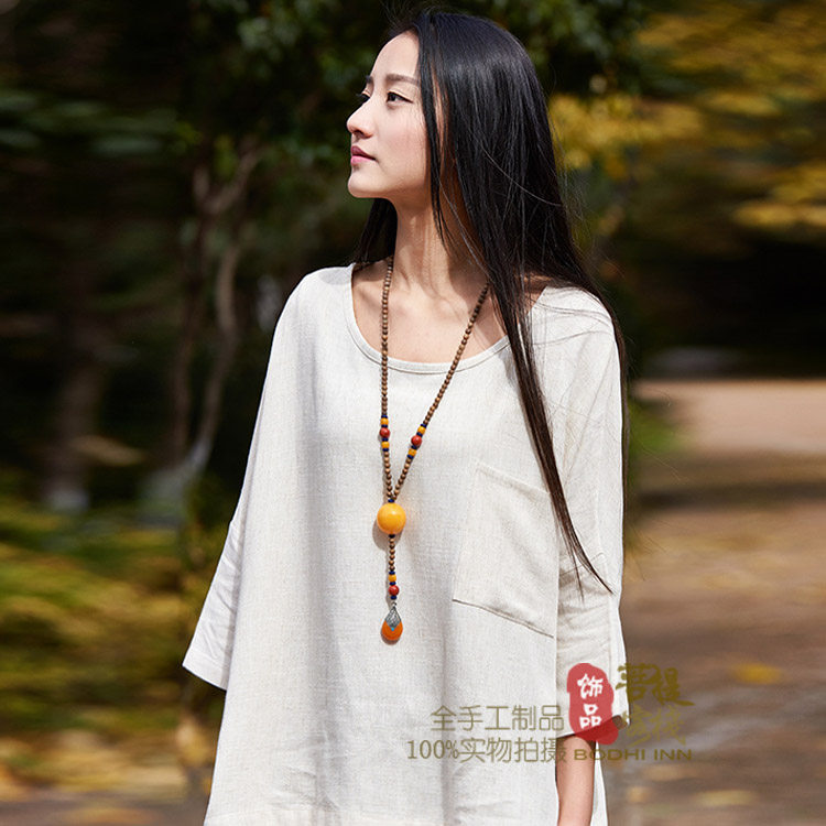 Imitation beeswax retro necklace long female ethnic style sweater chain versatile simple accessories cotton and linen clothes pendant pendant