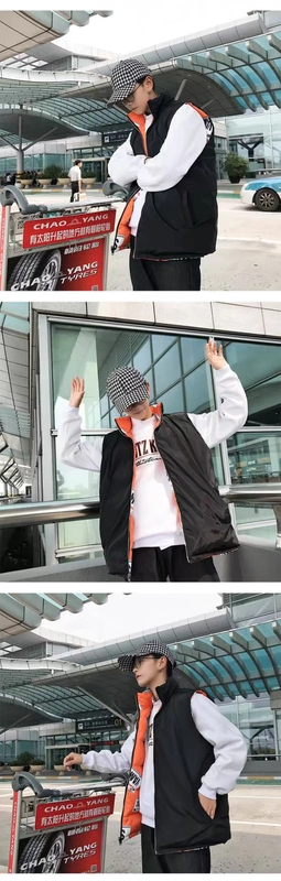 Graffiti hip hop gió cổ áo cotton clip nam béo cộng với béo XL vest vest hai bên mặc áo khoác mùa đông