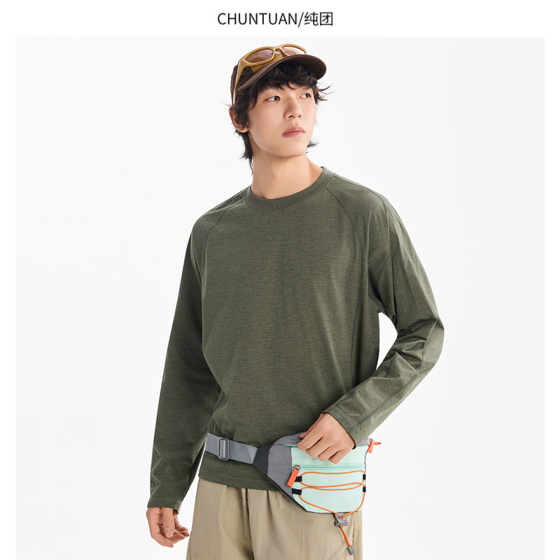 Purely Outdoor Functional Long-Sleeve T-Shirt for Men, Autumn Loose Fit, Round Neck, Solid Color Raglan Sleeve Sweatshirt, Quick-Drying Base Layer Shirt