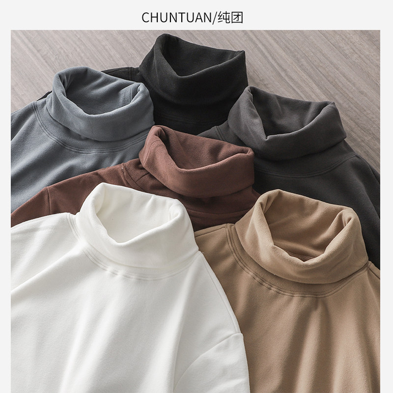 Japanese Delong high neck base shirt men autumn and winter solid color padded double-sided velvet thermal underwear heavy long sleeve T-shirt