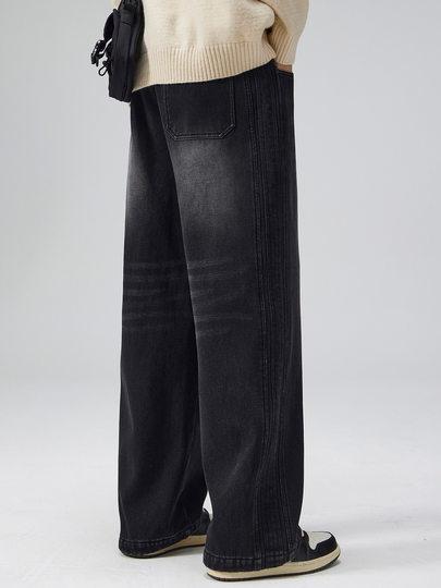 Heavy velvet straight-leg jeans for men in winter Japanese retro high street drapey wide-leg thickened warm casual pants trendy