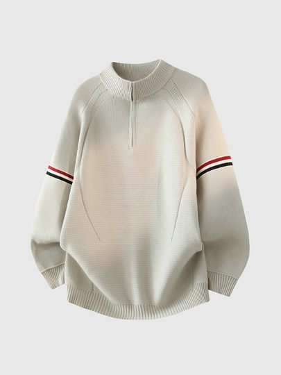 Chun Tuan 750G Heavyweight Half-Zip Sweater Men's Winter High-Quality Striped Contrast Color Lazy Half-Turtle Collar Sweater