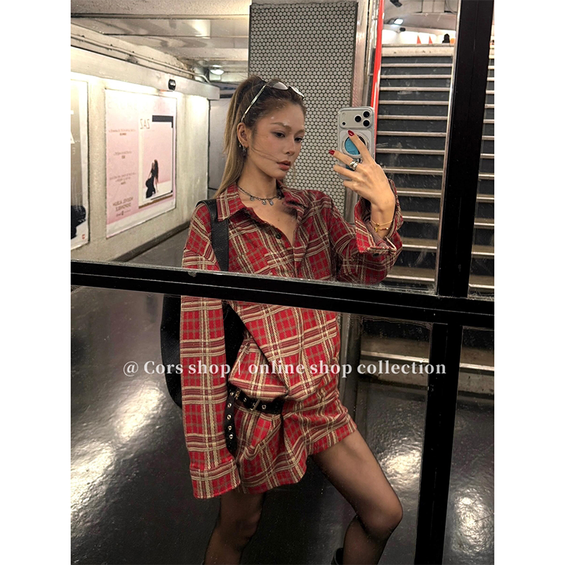 Ouyang Nana's Same Style Niche Design Asymmetrical Red Plaid Long-Sleeve Shirt for Women, Mid-Length for Spring 2026