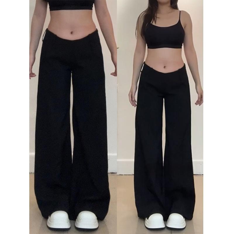 Plus-Size American-Style Low-Waisted Flared Pants with a Slimming Design, Black Wide-Leg Suit Pants for Chubby Women, with a Relaxed and Laid-Back Feel