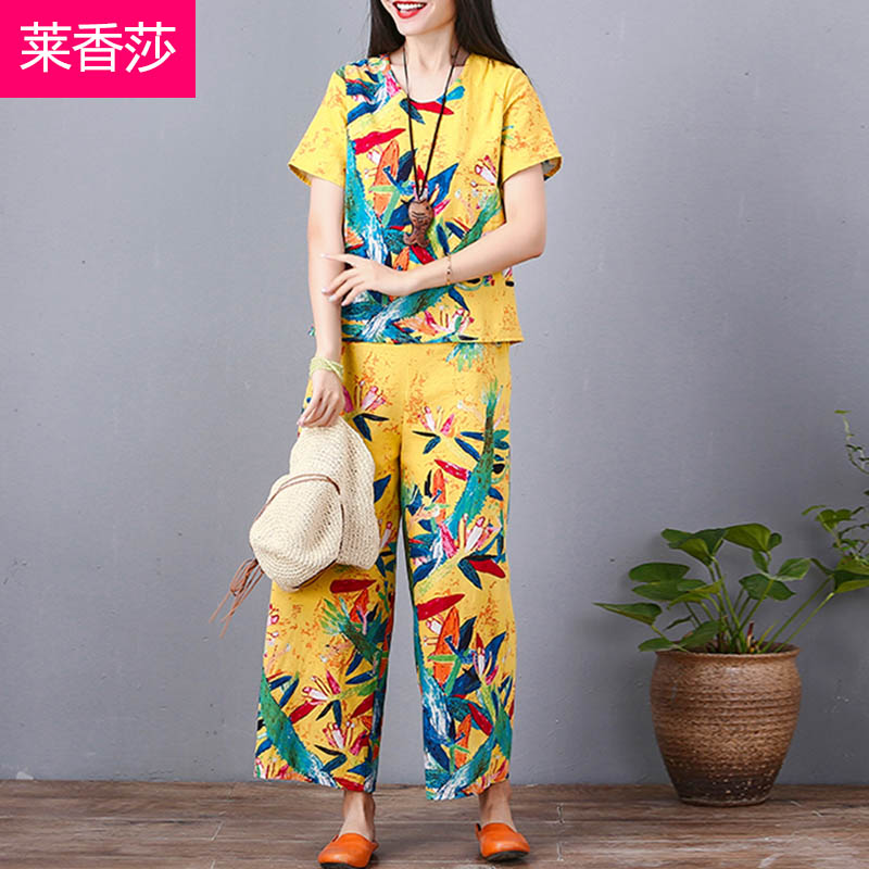 gió quốc gia mùa hè váy đang lớn bông vải phù hợp với retro của phụ nữ loose-fitting đầu ngắn tay quần rộng chân lanh hai mảnh bộ