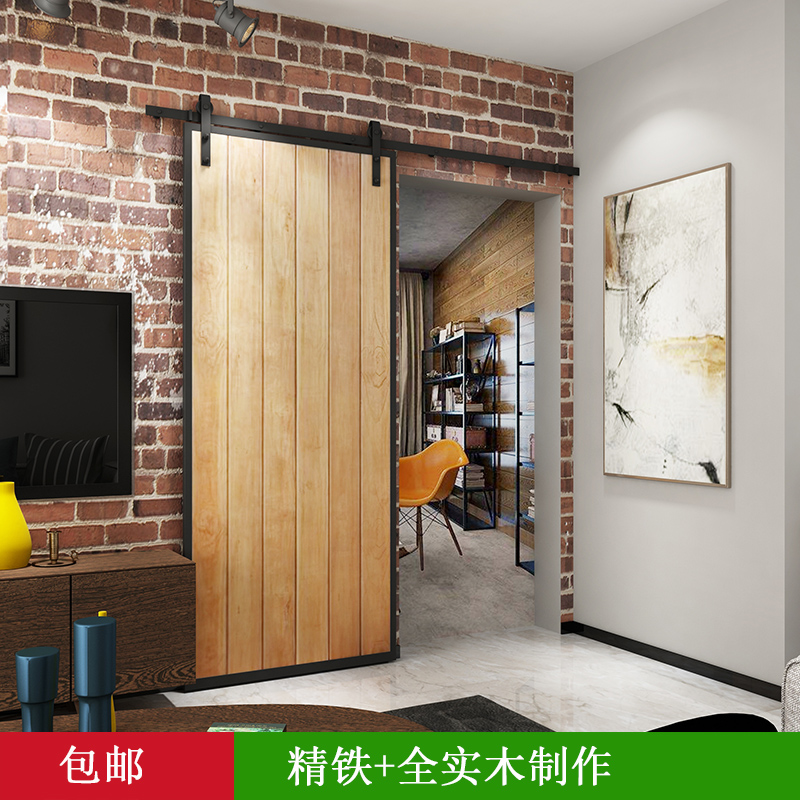 Industrial wind solid wood barn door American partition hanging wheel door folding and moving door dressing room Kitchen Book House Ramen