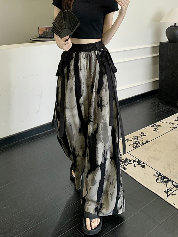 Clearance Sale: Chinese Style Ink Painting Thin Ice Silk Drapey Wide-Leg Pants for Women, Plus Size, Summer, with Ribbon Design, Casual Long Pants Clearance Sale: Chinese Style Ink Painting Thin Ice Silk Drapey Wide-Leg Pants for Women, Plus Size, Summer, with Ribbon Design, Casual Long Pants