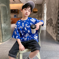 Boys short-sleeved suit 2021 new big boy handsome full body letter printing two-piece tide clothing summer wholesale