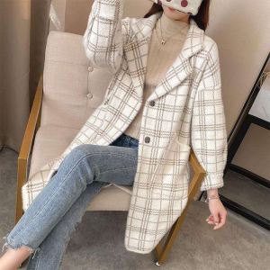 仿水貂绒针织开衫风衣女格子大衣