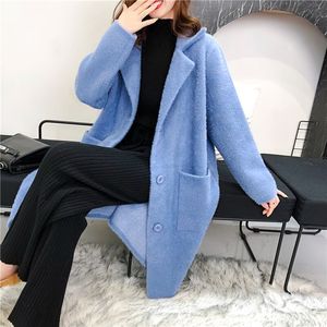 大衣长款纯色仿水貂绒毛衣外套