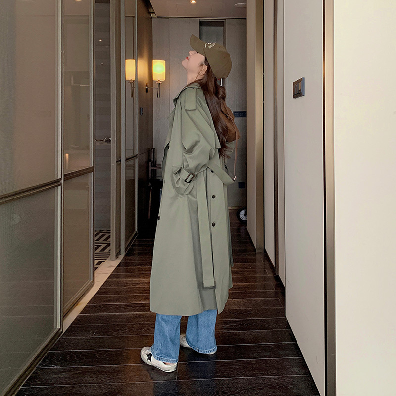 Military Green High-End Drape Trench Coat for Women, Mid-Length 2026 New Style, French Loose-Fitting British Style Over-The-Knee Coat