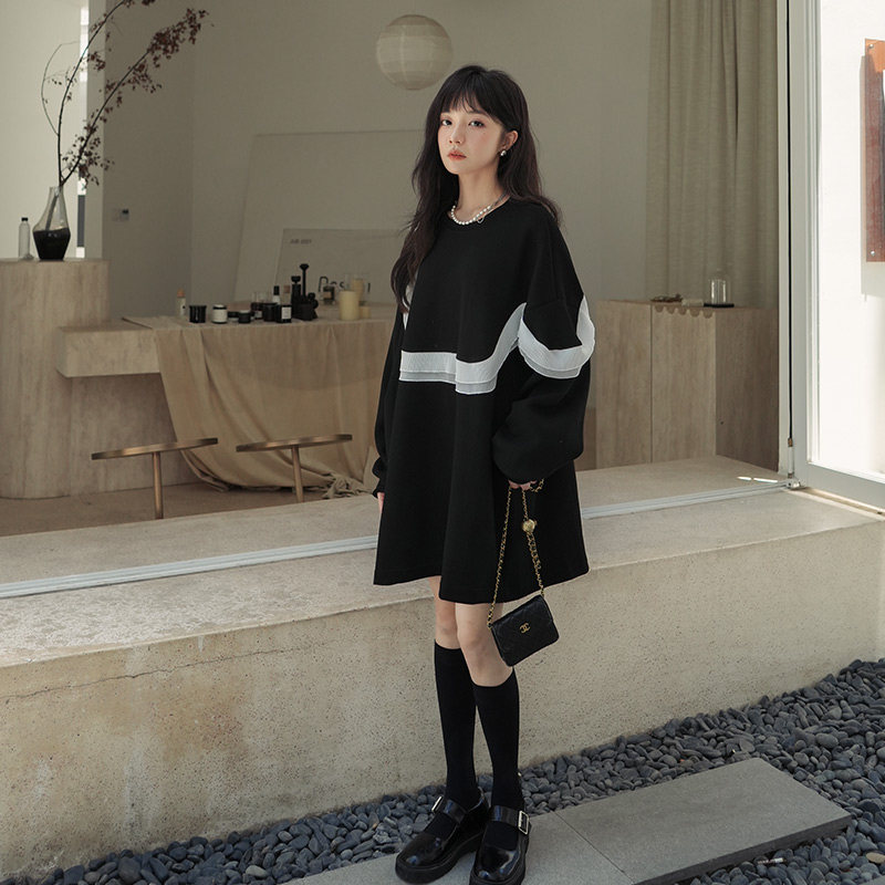 Black small sub-agaric side Side Sleeves Dress Woman Spring Autumn 2023 New Loose Design Sense Slimy Skirt Dress-Taobao