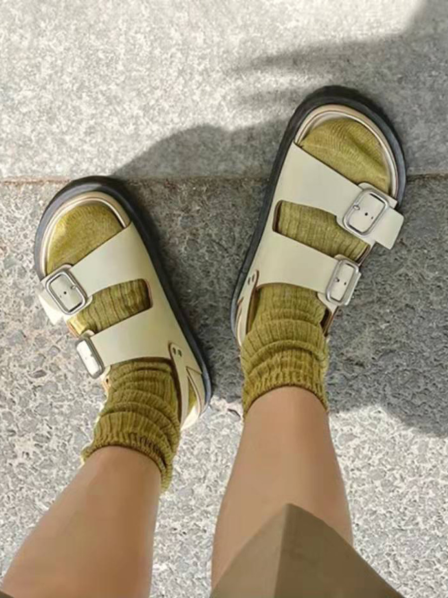 2022 Summer Flat Slippers Women's Thick-soled Muffin One Word Belt Leather Sandals Wearing Non-slip Casual Beach Sandals