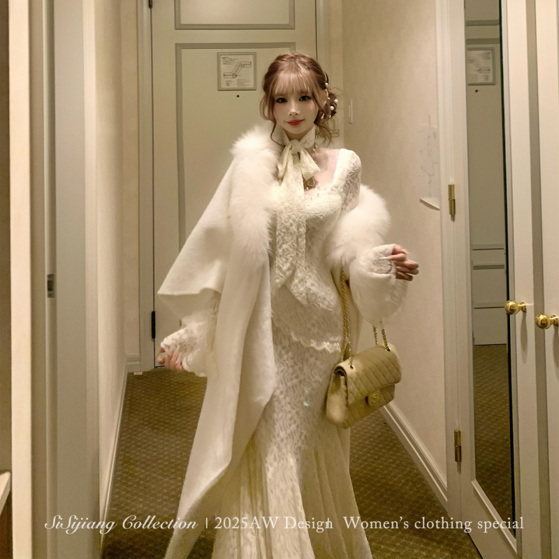 Sisi Jiang's "Snow Velvet Capelet: Noble and Elegant Woolen Imported Fox Fur Oversized Shawl Capelet