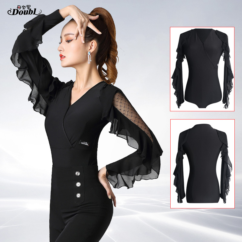 Dan Bao Luo Latin dance practice dress women's v-neck dance tops long sleeves dance clothes autumn black one-piece ballroom dance costumes