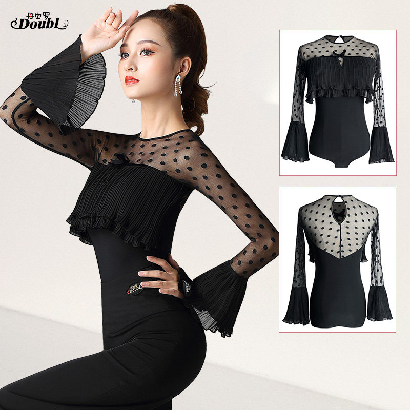 Danboro modern dance tops feminine polka dot dance dress flared cuffs chest cushion black one-piece rumba costume