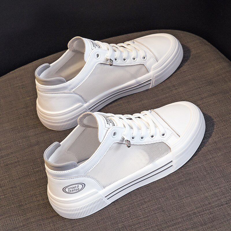 Small white shoes female summer thin leather in thick soles and mesh mesh breathable female flat shoes lady tide