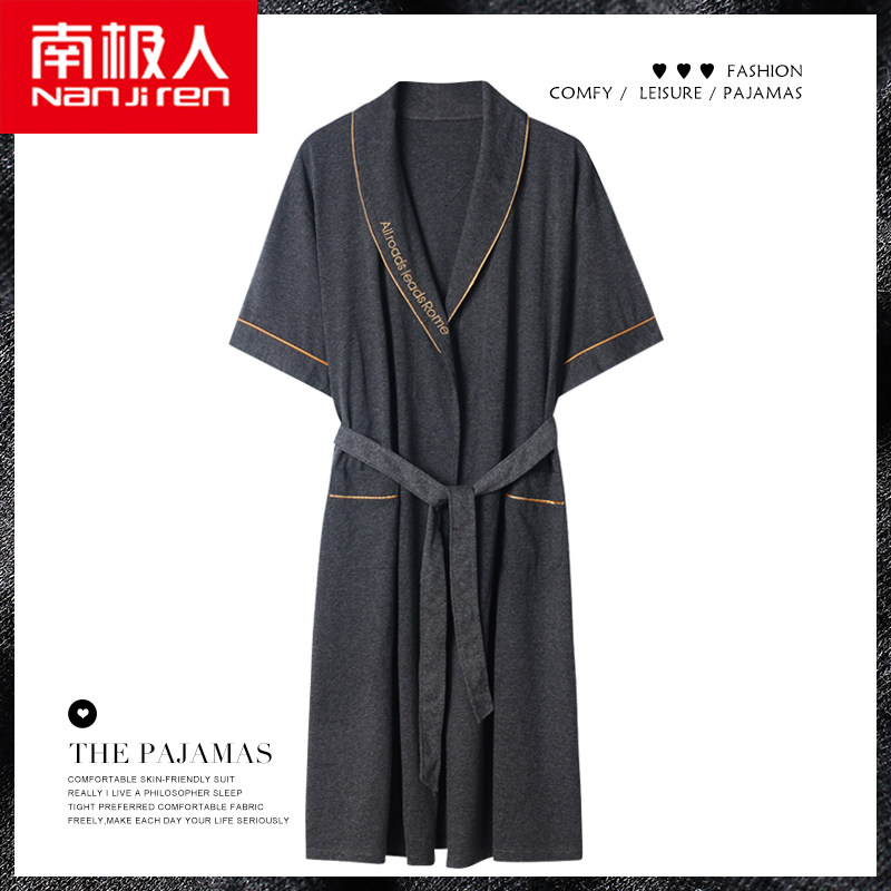 South Pole Sleeping Robe Men's Summer Pure Cotton Short Sleeve Thin-style Long version Bathrobe men's big size Bathrobe in summer pyjamas