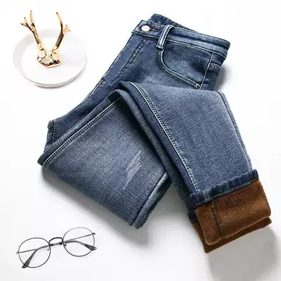 Plus velvet thickened jeans women's autumn and winter 2021 new all-match outer wear thin high waist tight narrow tube pants