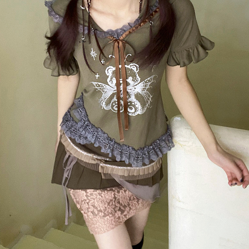 Y2K Subculture Niche Wasteland Style Hooded Silver Bear T-Shirt 2025 New Versatile Slimming Short-Sleeved Top