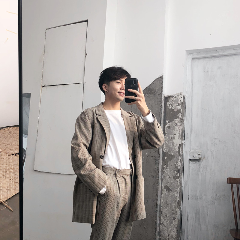 SC18ss mùa thu đông Hàn Quốc Dongdaemun áo hai dây lỏng lẻo kẻ sọc thẳng chín quần phù hợp với bộ đồ đồ vest nam