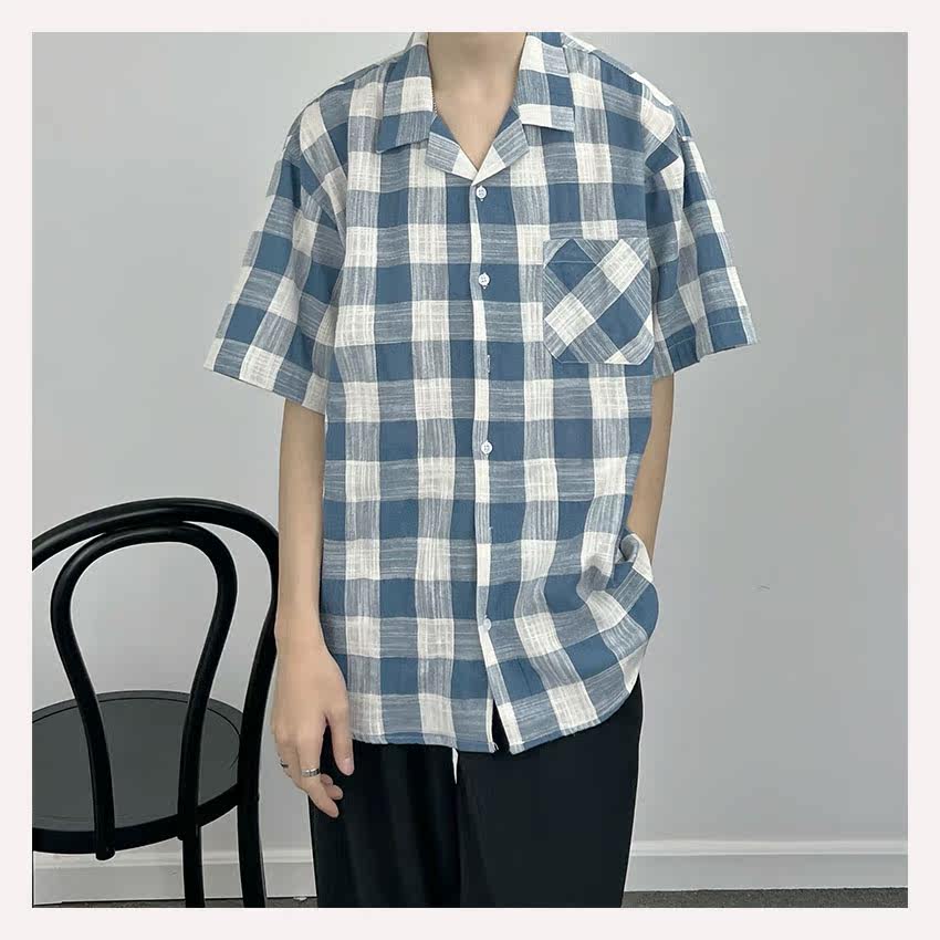 SC 22 Summer Korean version Plaid short sleeve shirt male and female Hawaiian wind oversize relaxation Casual Lining Tide