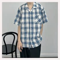 SC 22 Summer Korean version Plaid short sleeve shirt male and female Hawaiian wind oversize relaxation Casual Lining Tide