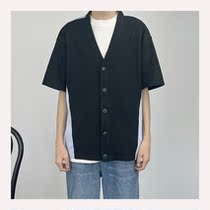 SC 22 Summer new Korean version Trend Huffg short sleeve striped splicing black knit cardiovert shirt jacket