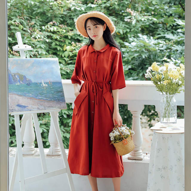 2022 new summer skirt dress super fairy waist slimming shirt dress female student long skirt ankle