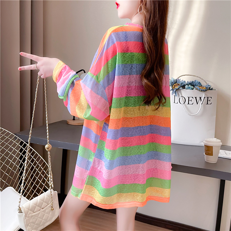 Candy-Colored Rainbow Striped Ice Silk Thin Sun Protection T-Shirt for Women, Loose-Fitting Summer Design, Semi-Transparent Top Candy-Colored Rainbow Striped Ice Silk Thin Sun Protection T-Shirt for Women, Loose-Fitting Summer Design, Semi-Transparent Top