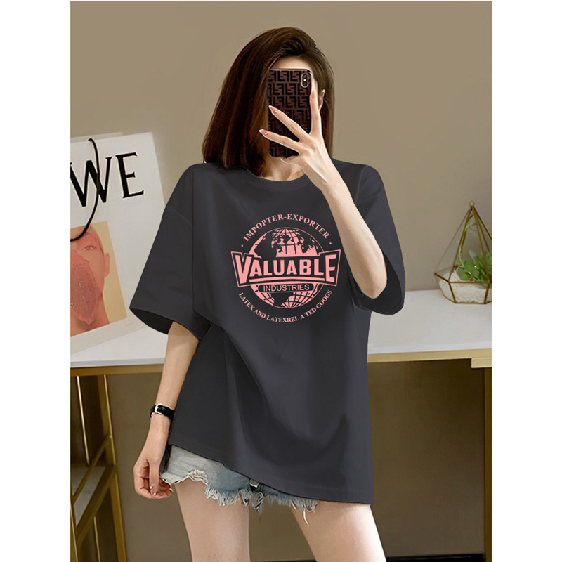 Dark Gray High-End Pure Cotton Women's Short-Sleeve T-Shirt, 2025 Summer New Style, Loose European-Style Oversized Top, Trendy