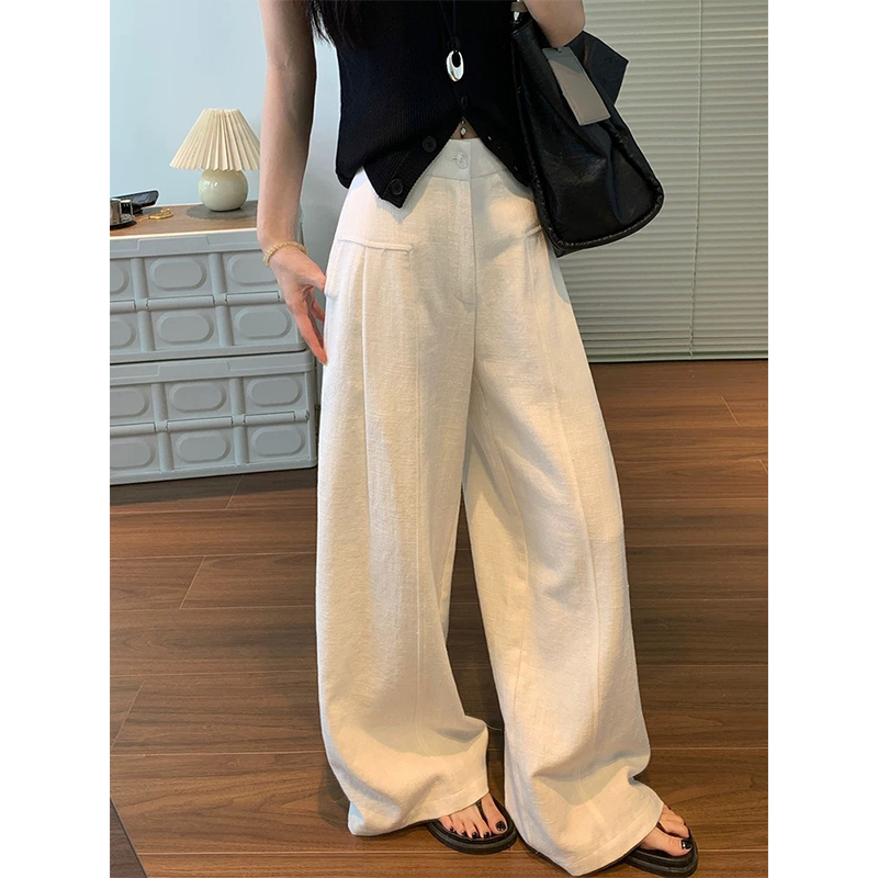 Muyiye Linen Ramie Textured Wide-Leg Pants for Women, Summer Thin Style, Old Money Style Suit Straight-Leg Cotton-Linen Casual Pants