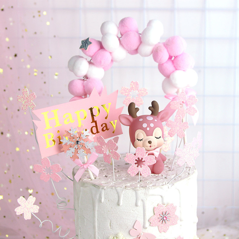 Baking Cake Decoration Romantic Pink Cherry Blossom Card Wire Pink Petal Shiny Cherry Blossom Plug-In Birthday Decoration