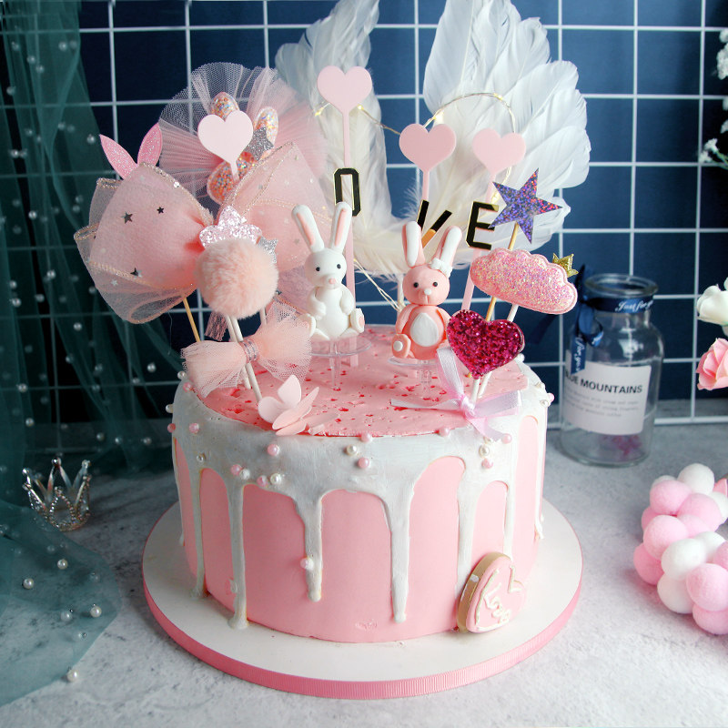 Baking Cake Decoration Soft Pottery Long Ears Rabbit Cake Swing Piece Mesh Yarn Rabbit Butterfly Knot Pentagram Inserted