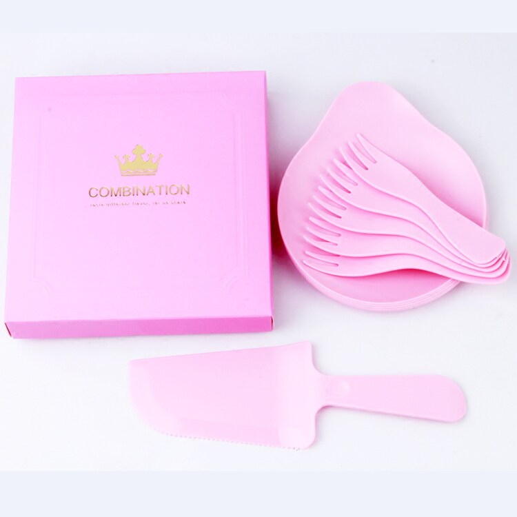 Summer small fresh high-grade plastic color disposable knife and fork plate cake tableware birthday party plate and fork set