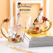 Household teacup Enamel color rose water cup goddess creative trend couple heat-resistant glass enamel cup flower tea cup